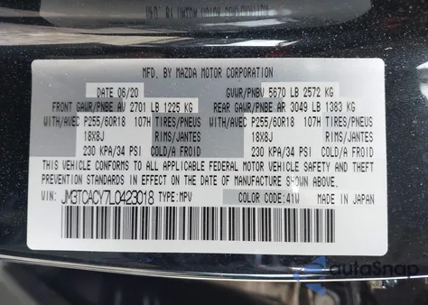 2020 Mazda Cx-9 Touring from USA, damaged, VIN JM3TCACY7L0423018